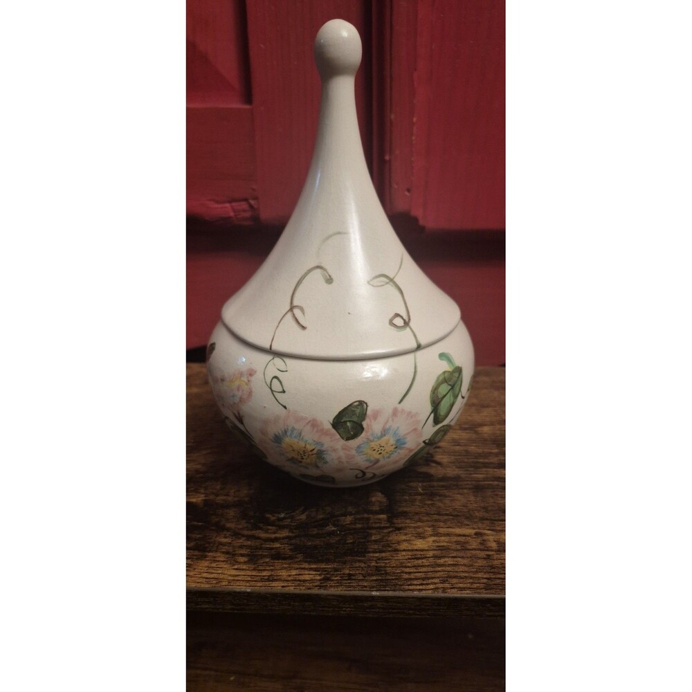 Vintage Hand Painted Studio Pottery Lidded Jar Floral Ceramic Canister Candydish
